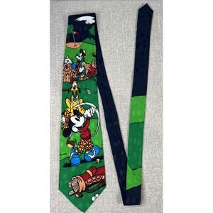 The Disney Store Tie Mickey Mouse Golfing Goofy Pluto Multicolored 100% Silk